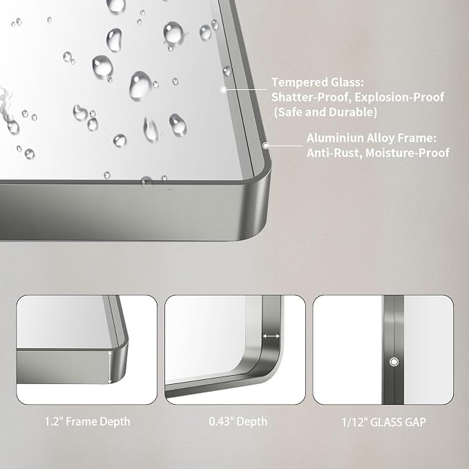 LOAAO 24X30 Inch Brushed Nickel Bathroom Mirror, Rounded Rectangle Silver Metal Frame Mirror, Brushed Nickel, Anti-Rust, Shatter Proof, Hangs Horizontally or Vertically
