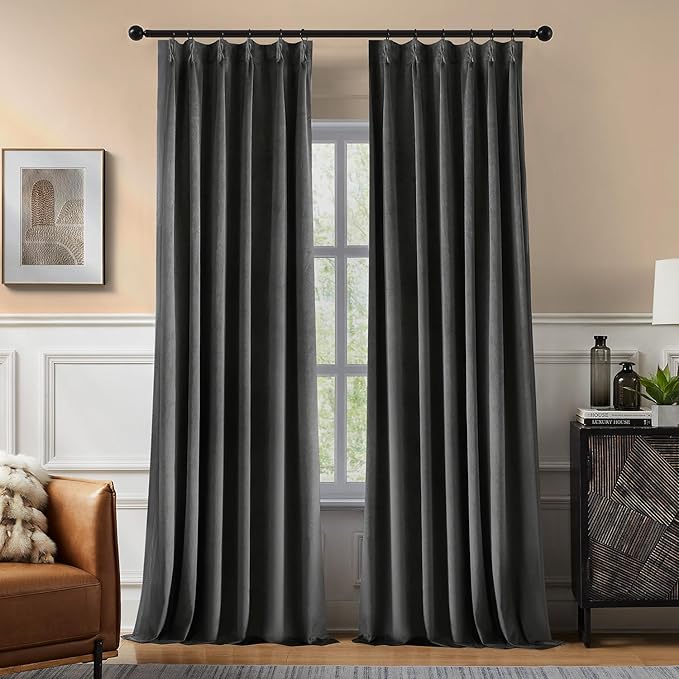 Pinch Pleated Blackout Curtains for Bedroom, Grey Velvet Curtains for Living Room, Black Out Curtain 90 inch Long Room Darkening, Blackout Pinch Pleatd Drapes with Hooks 2 Panels