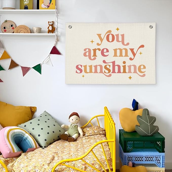Girls Room Decor, Baby Girl Nursery Baby Shower Decor Gift, You are My Sunshine Linen Canvas Banner, Pink Boho Wall Hanging Banner Flag 20x30 Inch