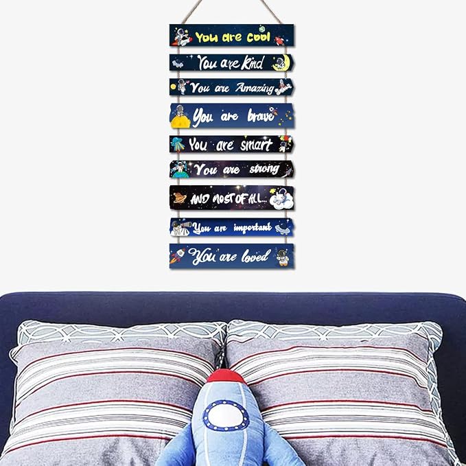 JEVUVU Outer Space Room Decor for Teen Boys Aesthetic, Cool Bedroom Wall Decor for Baby Boy, Navy Blue Kids Wall Art Signs, Fun Stuff Black Decorations for Nursery Bed Room Dorm Classroom Bathroom