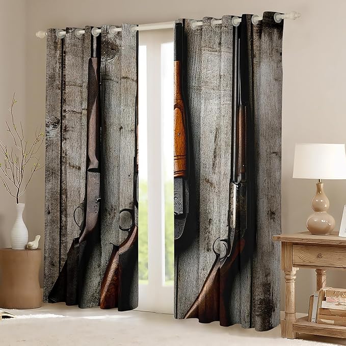 Erosebridal Guns Window Curtains,Military Theme Curtains for Kids Boys Teens Man,Retro Shotgun Darkening Drapes Vintage Board Window Treatments 2 Panel Bedroom Decor,38" Wx54 L