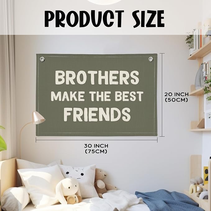Boy Room Decor, Brothers Make The Best Friends Toddler Room Banner, Linen Canvas Banner Wall Hanging Flag Decor for Nursery Playroom 20x30 Inch