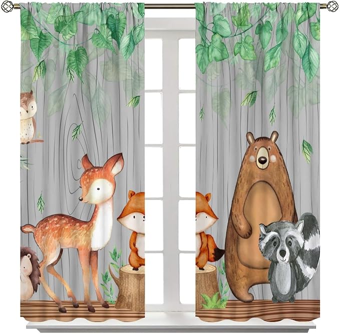 YCness Rustic Animal Curtains, Wild Forest Animal Bear Fox Deer Kids Window Treatments for Living Room Bedroom, Farmhouse Woodland Blackout Drapes 2 Panel Sets, 42x63 Inch
