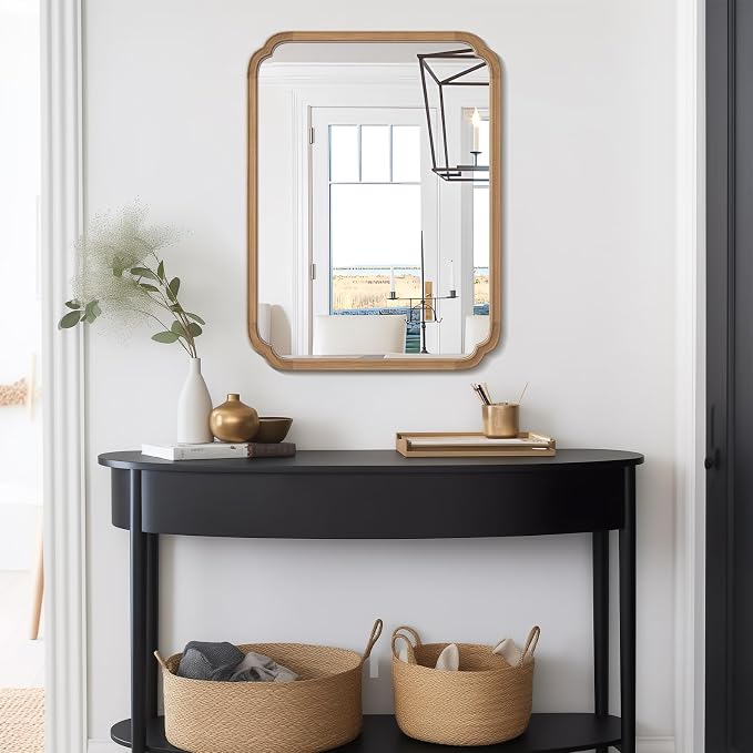 WallBeyond 28" x 40" Rounded Corner Arch Wall Mirror with Wood Frame for Entryway, Living Room or Bedroom Home Decor - Light Woodgrain [28 x 40 inches, Honey-Colored]