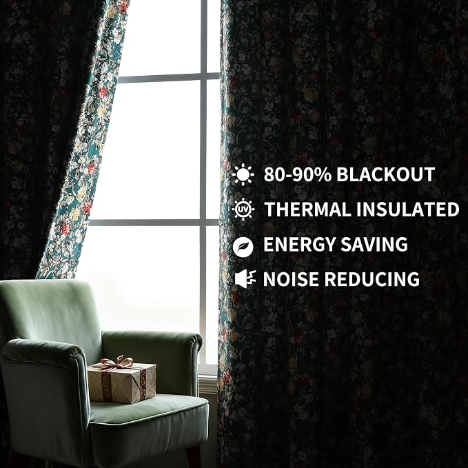 Estelar Textiler Green Velvet Blackout Curtains 108 Inches Long for Bedroom, Soft Elegant Boho Floral Printed Curtains for Living Room, Thermal Insulated Room Darkening Window Grommet Drapes, 52Wx108L