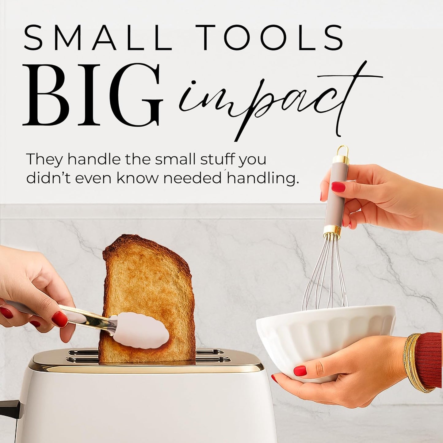 Gold and Beige Kitchen Utensils Set – 8 PC Cooking Gadgets with Mini Gold Whisk and Tongs, Pizza Cutter, Garlic Press, Cheese Grater, Peeler, Can Opener, Scoops – Stylish Beige Kitchen Accessories