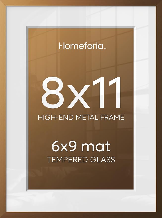 Homeforia 8x11 Picture Frame Bronze, High End Metal 8 x 11 Brass Frames with Mat 6 by 9 for Photo, 11x8 Frame Matted to 6x9 inch Print, 8by11 Wall or Tabletop Frame, Tempered Glass, Wall Kit, Set of 2