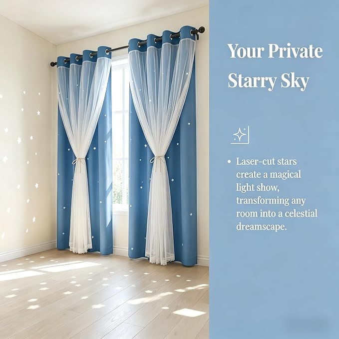 Kids Blackout Curtains for Bedroom/Living Room/Classroom, Sheer Overlay 2 Free Tiebacks, Double Layer Curtains with Star Cutout for Kids Room(Each Piece W 70 x L 63 Inches 2 Pcs Sky Blue)