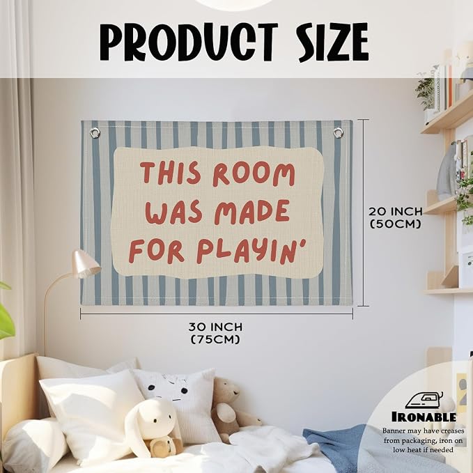 Playroom Decor Wall Banner "This Room Was Made For Playin'" 20x30 Inch - Nursery Canvas Art, Kids Bedroom Hanging, Toddler Play Area Sign, Children's Canvas Flag Decor - Red