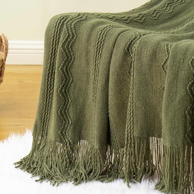 BATTILO HOME Olive Green Throw Blanket for Couch, Soft Army Green Blanket with Tassels for Home Decor, Decorative Knitted Throws for Couch Cover, 50"x60"