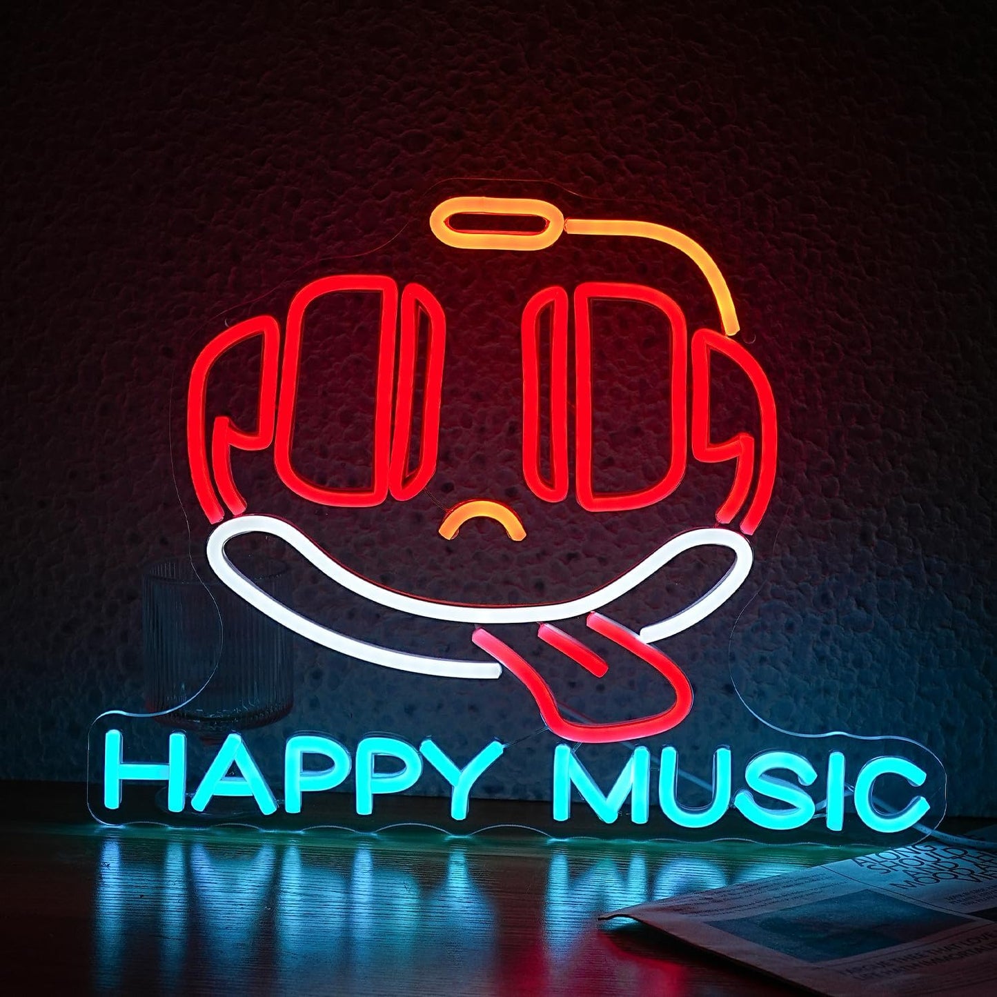 Headphone Neon Sign Dimmable Led Happy Music Neon Light for Wall Decor USB Cute Headset Figure Neon Light Sign for Music Studio Bar Live Music Party Bedroom