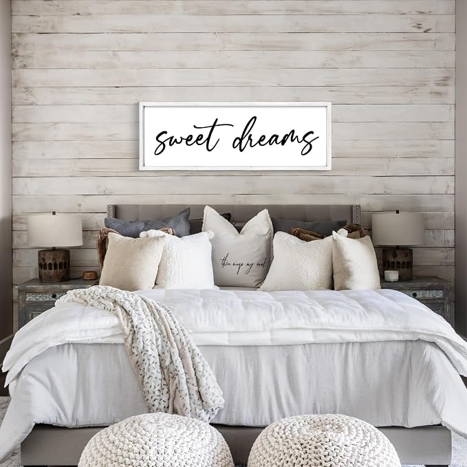 Sweet Dreams Wall Decor Above Bed 42''×15'' Large Bedroom Sign Farmhouse Wood Framed Master Bedroom Guest Room Decoration (White)