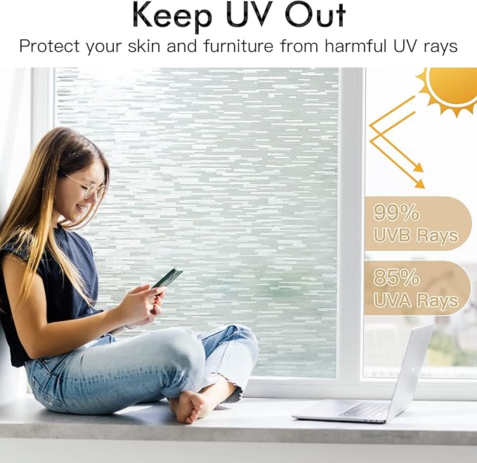 Haton Window Privacy Film, Frosted Glass Film, Sun Blocking Static Cling for Bathroom & Office, Heat Control Anti Glare Removable, UV Rejection Non-Adhesive Covering for Home, 17.5" x 157.4"