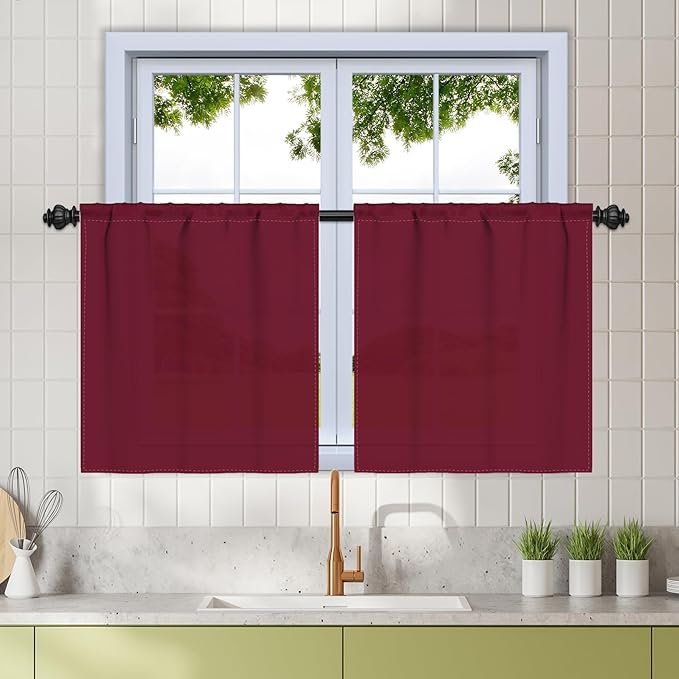Renaiss 26 x 24 Inch Burgundy Red Semi-Blackout Window Curtains for Kitchen Bathroom Window Treatment Tier Rod Pocket Christmas Decorative Curtains with Back Tab Linen Texture Curtains 2 Panels