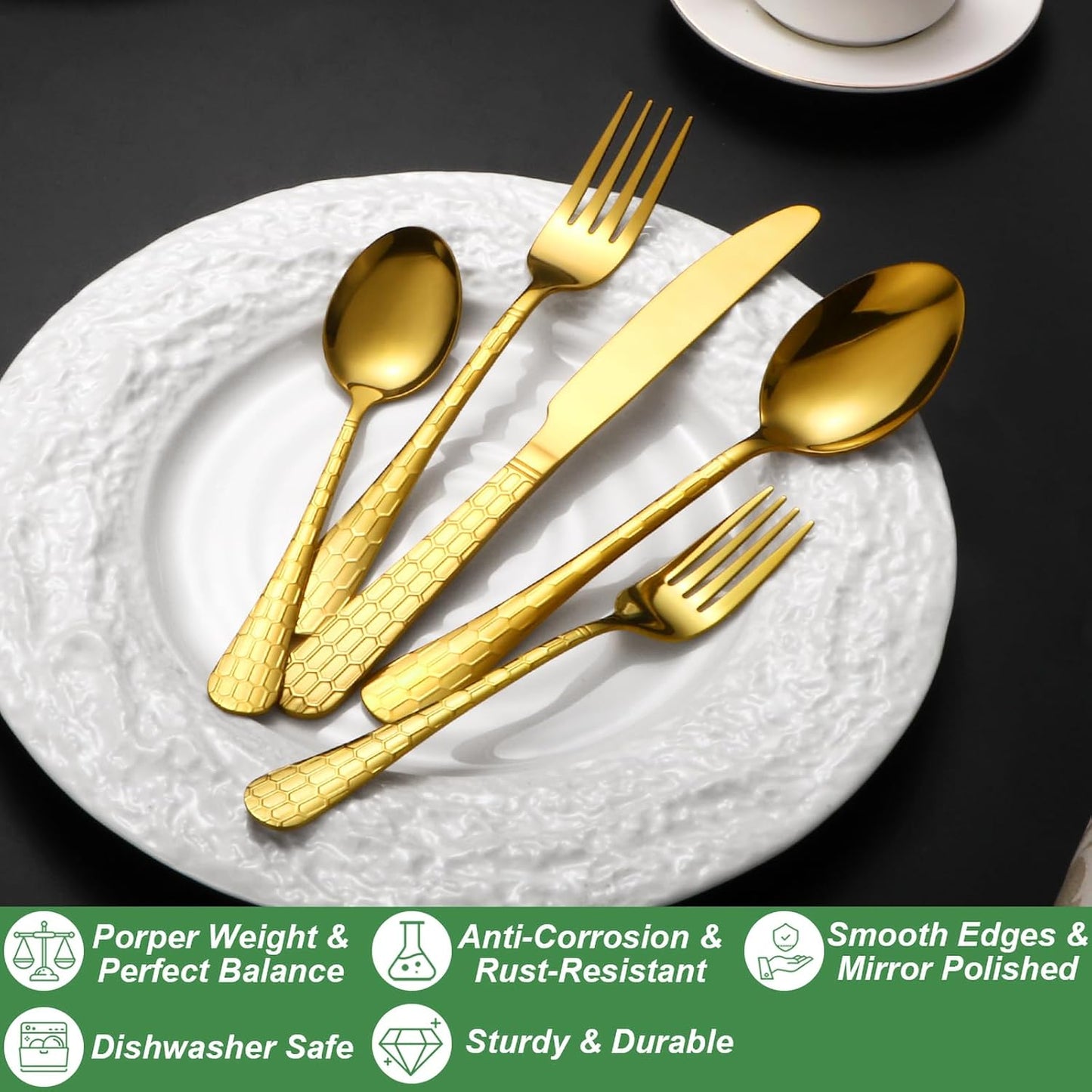 40 Pcs Gold Silverware Set for 8 with Water Cube Handle design, Food Grade Stainless Steel Flatware Set, Eating Utensils Sets Include Fork/Knife/Spoon, Reusable Cutlery Set, Dishwasher Safe