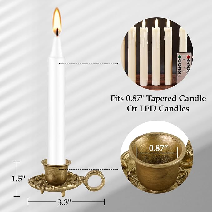 NIKKY HOME Vintage Gold Taper Candle Holders Set of 2, Handle & Tray | Antique Metal Candlestick Stand with Finger Loop, Short Candle Stick Base for Table Centerpieces, Wedding, Mantel Decor