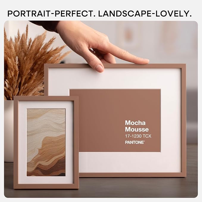 Homeforia 6x8 Picture Frame Mocha, High End Metal 6 x 8 Mocha Frames with Mat 5 x 7 for Art, 8x6 Desk Frame Matted to 5x7 inch Photo, 6 by 8 Wall or Tabletop Frames, Tempered Glass, Wall Kit, Set of 1