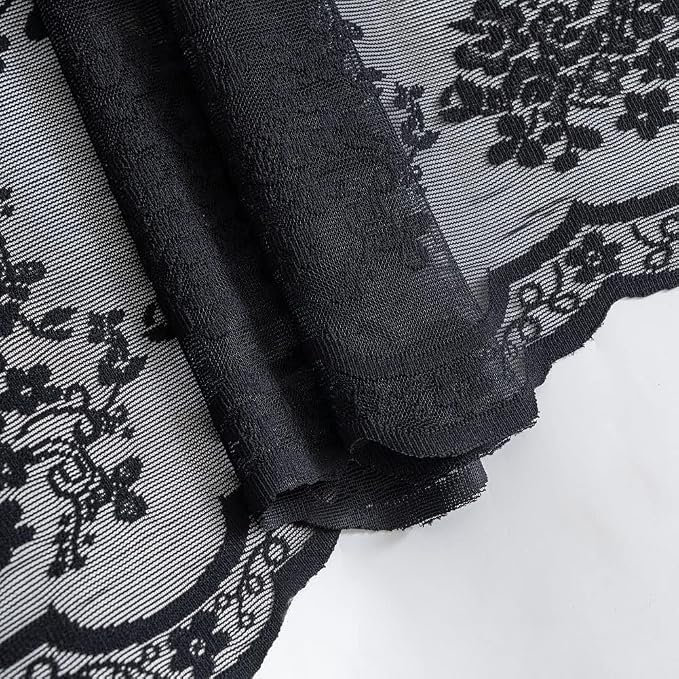 YJ YANJUN Vintage Lace Curtains 30 Inch Length 2 Panels Floral Halloween Goth Cafe Curtains for Bathroom Laundry Room Basement Kitchen Small Window Gothic Window Toppers 26 W x 30 L Black