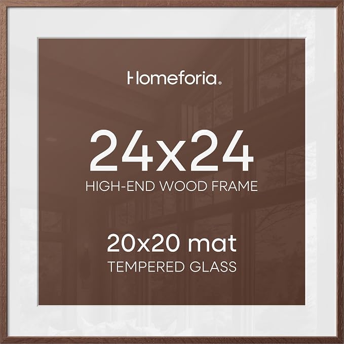 Homeforia 24x24 Picture Frame Brown, High End Dark Oak 24 x 24 Square Wood Frame with Mat 20 x 20 for Photo, 24by24 Wooden Walnut Poster Frame Matted to 20x20 Print, Tempered Glass, Wall Kit, Set of 3