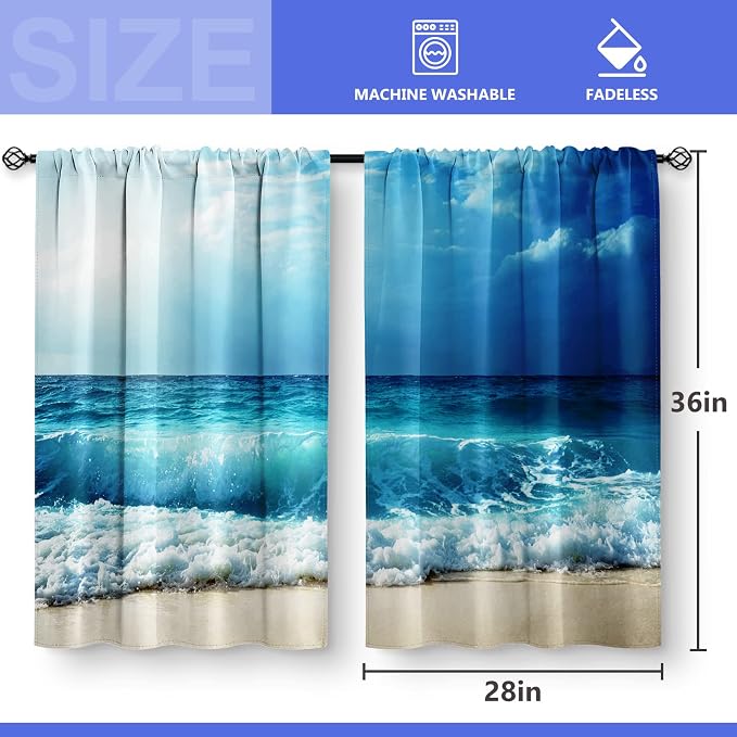Beach Ocean Sea Kitchen Curtains - Country Short Cafe Tier Curtains Decor for Living Dining Bathroom Room Summer Seascape Hawaiian Theme Blue Waves Window Drapes 36 Inch Length 2 Panels set 28x36