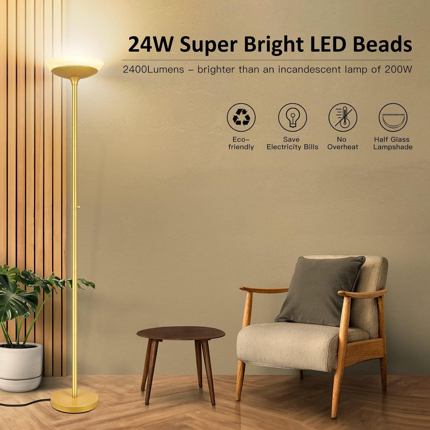 BoostArea Torchiere Floor Lamp, 24W Super Bright LED Standing Lamp, 3000K Stepless Dimmable Pole Lamp with Rotary Switch, 70 Inch Tall Metal Modern Floor Lamps for Living Room/Bedroom/Office/Den, Gold