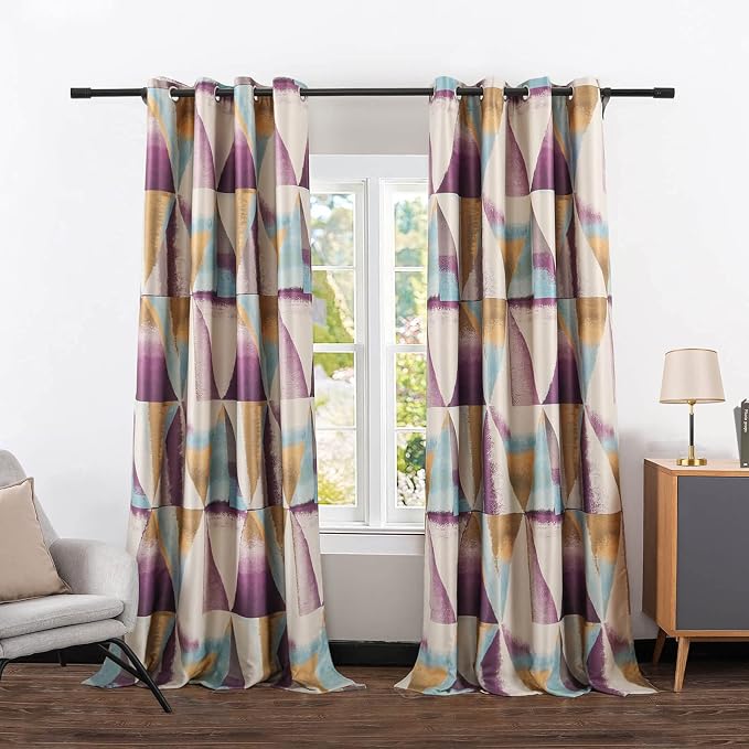 Leeva Purple and Blue Window Blackout Curtain for Sliding Door, Fashion Geometric Pattern Thermal Insulated Room Darkening Curtains and Drapes for Living Room, Set of 2, 52x84