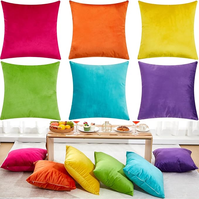 Berlune 6 Pcs Bright Velvet Throw Pillow Covers 18" x 18" Rainbow Decorative Cushion Case Soft Colorful Pillowcase for Graduation Coquette Party Accessories Couch Sofa Bed Chair Home Decor, No Inserts