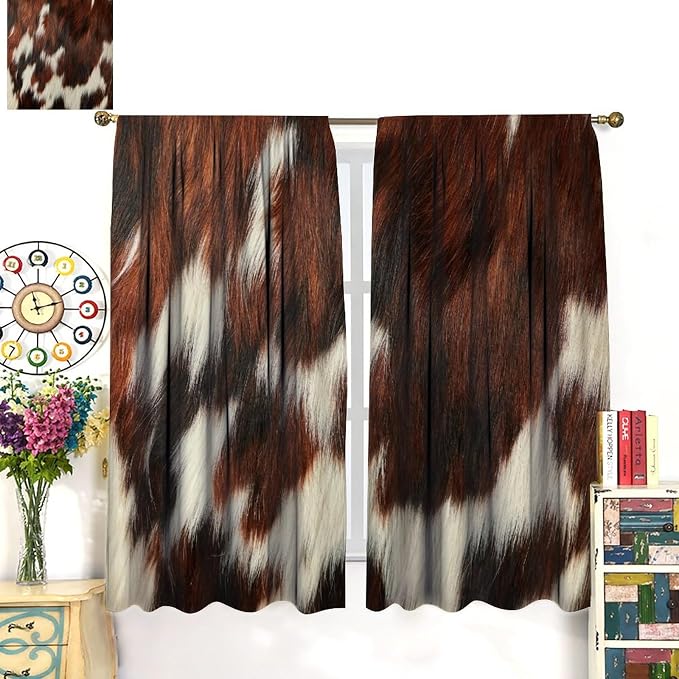Cow Blackout Curtain,Animal Print Brown Cowhide Western Rustic Farm Farmhouse Window Treatments Rod Pocket Curtain for Bedroom Living Room Kitchen Decor Drapes 72x63in