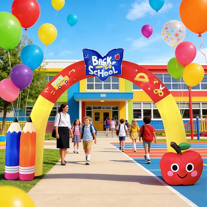 DomKom 10FT Back to School Inflatable Arch – Featuring Open Book, Colorful Pencils & Apple Decor, Ideal for 2026 First Day of School & Kindergarten Graduation, Blow-up Archway for Yard Decor