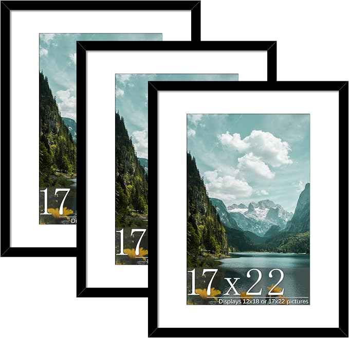Picrit 17x22 Picture Frame 3 Pack, Black Poster Frame, Display Poster 12 x 18 with Mat or 17 x 22 without Mat for Horizontal or Vertical Wall Mounting