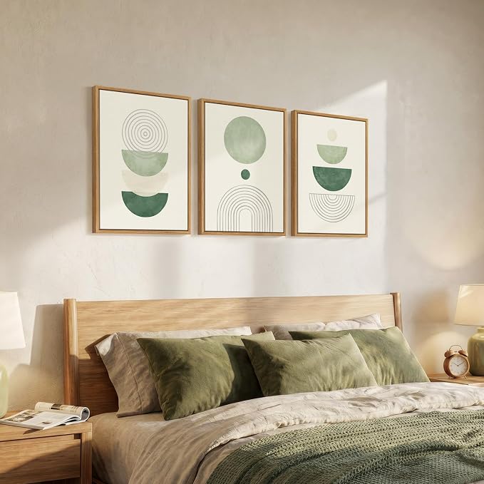 3 Piece Framed Minimalist Boho Canvas Wall Art for Bedroom, Abstract Sage Green Geometric Artwork for Walls, Green and Beige Picture Print Paintings for Hallway Office Wall Decor 12x16 Inch