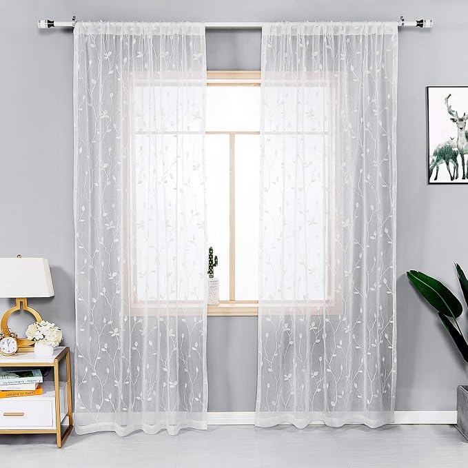 AmHoo 2 Panels Embroidered Leaf Pattern Semi Sheer Curtains Foliage Floral Voile Window Draperies Treatment for Bedroom Living Room Rod Pocket White 53 x 84 Inch
