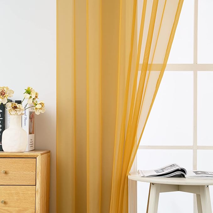 MIULEE 2 Panels Solid Color Sheer Window Curtains Elegant Window Voile Fall Panels/Drapes/Treatment for Bedroom Living Room (54X72 Inches Gold)