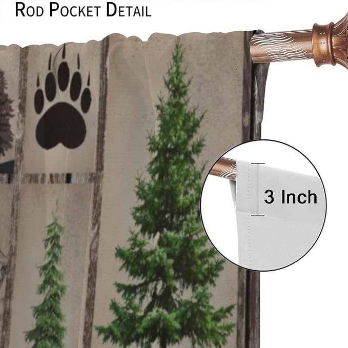 Vintage Bear Deer Blackout Curtains Country Farmhouse Wooden Door Forest Hunting Lodge Pine Cone Mountains Elk Black Bear Animals Windows Treatments Rod Pocket For Kitchen Living Room Bedroom 42x63in
