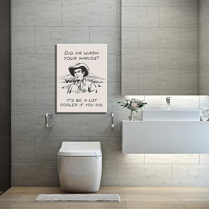 Framed Retro Black and White Cowboy Kitchen Wall Art Did You Wash Your Hands Canvas Prints Cute Bathroom Humor Pictures Trendy Decor Posters Paintings Western Home Wall Decor (12x16in Framed)