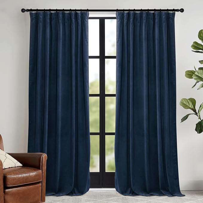 RYB HOME Navy Blue Velvet Curtains for Bedroom Living Room, Thermal Insulated Privacy UV Heat Blocking Luxurious Drapes for Nursery Dining Room, 52"W x 108"L, 2 Panels, Rod Pocket/Back Tab/Hook Belt
