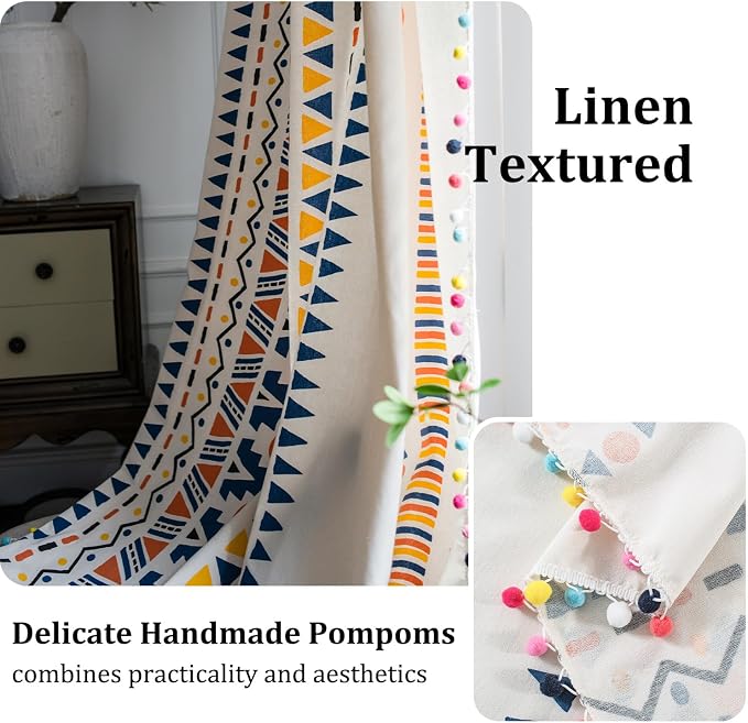 VOGOL Linen Textured Boho Curtains, Semi Blackout Geo Pattern Window Treatment with Pom Pom, Colorful Rod Pocket Drapes for Living Room Sliding Door, 52 x 84, 1 Panel