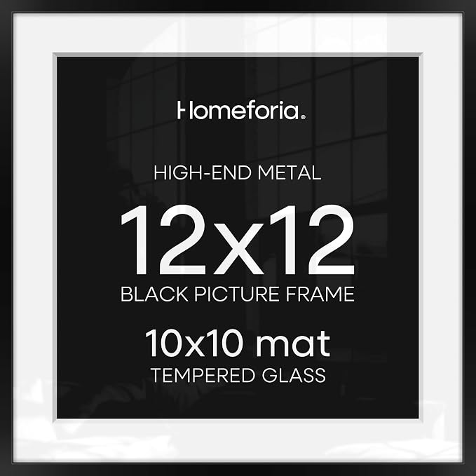 Homeforia Black 12x12 Picture Frames, High End Metal 12 x 12 Square Poster Frame with Mat 10 x 10 Photo, 12x12 Black Frame Matted to 10x10 Print, 12by12 Thin Frames, Tempered Glass, Wall Kit, Set of 1