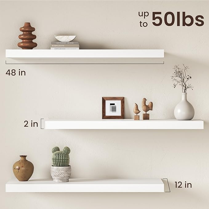 White Floating Shelves 48Inch Long, 12 Inch Deep Floating Shelves for Wall, 48 x 12 Large Floating Shelf for Fireplace Mantel, 2" Thicked Rustic Wall Shelves for Living Room, Bedroom Storage, 2 Packs