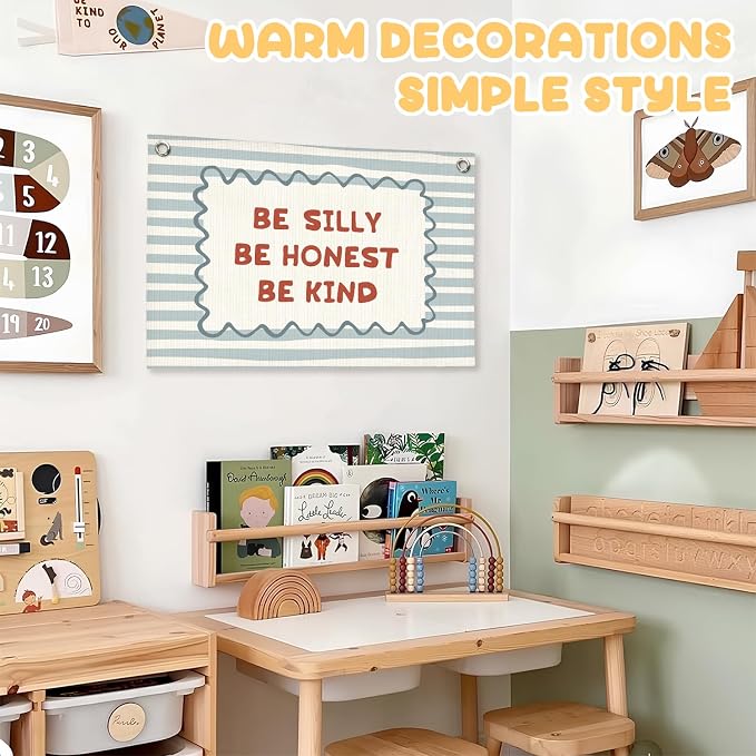 Inspirational Wall Art Banner for Toddler Room Decor, Be Silly Honest Kind, Boy Nursery Decor Boho Retro Wall Hanging Canvas Banner, Classroom Decor for Kids Nursery Toddler Room Bedroom Playroom, 30x20 Inch