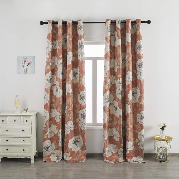 Taisier Home Stylish Faux Linen Curtains for Living Room/Bedroom | Privacy Added Light Reducing Flower Pattern Window Curtain Drapes (2 Panels) Grommet Top, 52x72 Inch, Orange