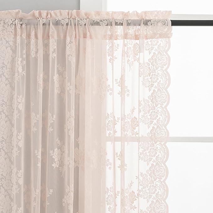 Blush Pink Lace Curtains 45 Inch Length, 2 Panels, W42 x L45 Inch Each, Country Rustic Floral Coquette Sheer Lace Curtains for Kitchen Window Rod Pocket Light Filtering Privacy Short Lacy Tier Curtain