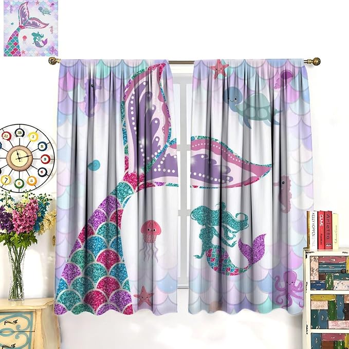 YCness Mermaid Curtains for Girls Bedroom Decor Fantasy Rainbow Colorful Cartoon Underwater Animals Art Printed Blackout Window Drapes Fabric Set 2 Panel 63x63 Inch 80% Shading Rate