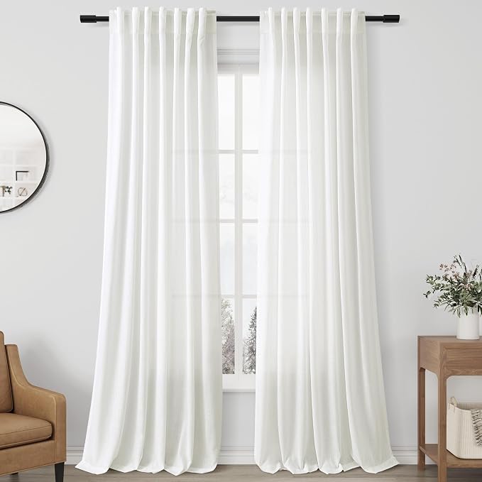 Aersas Ivory Linen Curtains 96 Inch Long for Living Room 2 Panel Back Tab Light Filtering Semi Sheer Drapes Country Rustic Farmhouse Boho Curtain 52x96