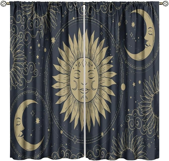 Bohemian Sun Moon Blackout Curtains, Golden Sun Moon Stars Vintage Galaxy Printed Window Drapes, for Bedroom Living Room 55" W X 63" L