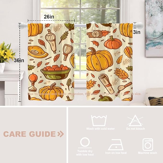 Shrahala Thanksgiving Seamless Pattern Blackout Curtain Tiers, Pumpkin Apple Pear Leaves Kitchen Valance Light Blocking Tier Drapes with Rod Pocket, 2 Pack 26 X 36 in