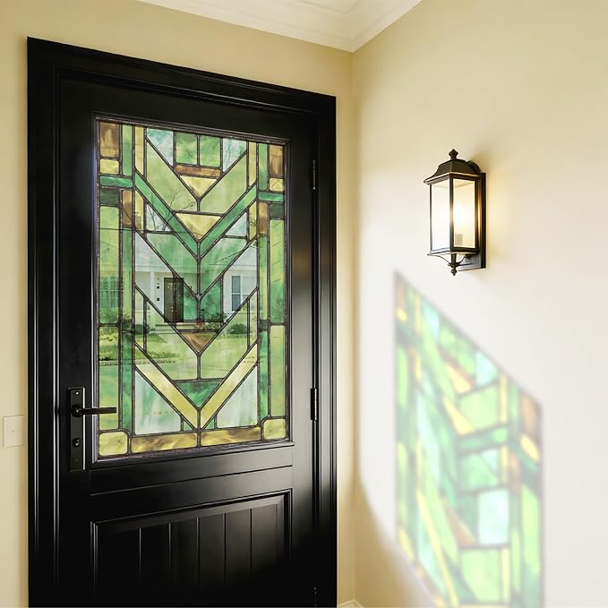 Faux Stained Glass Effect Transparent Window Film, Original Hand Drawn Static Cling Home Decal Inspired by Frank Lloyd Wright, 22.83" x35.43" Martin House, Green