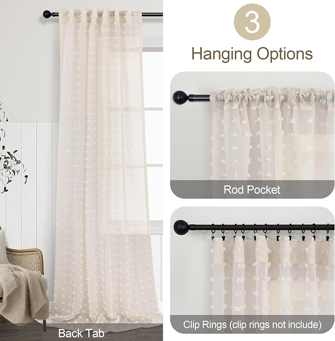 DANCURTON Beige Sheer Curtains 108 Inch Length for Bedroom Living Room Natural Farmhouse Boho Semi Sheer Curtain Light Beige Back Tab Pom Pom Sheer Curtains for Nursery Kids 52 by 108 Inches Long