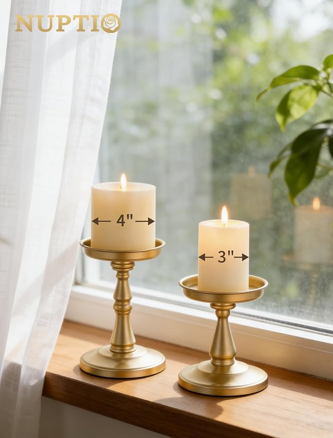 NUPTIO Large Gold Pillar Candle Holders, Set of 2 | Wide Metal Pedestals Fit up to 4-In Dia Pillars and Jars, Vintage Ornate Stands, for Dining Table Centerpieces, Mantel Decor