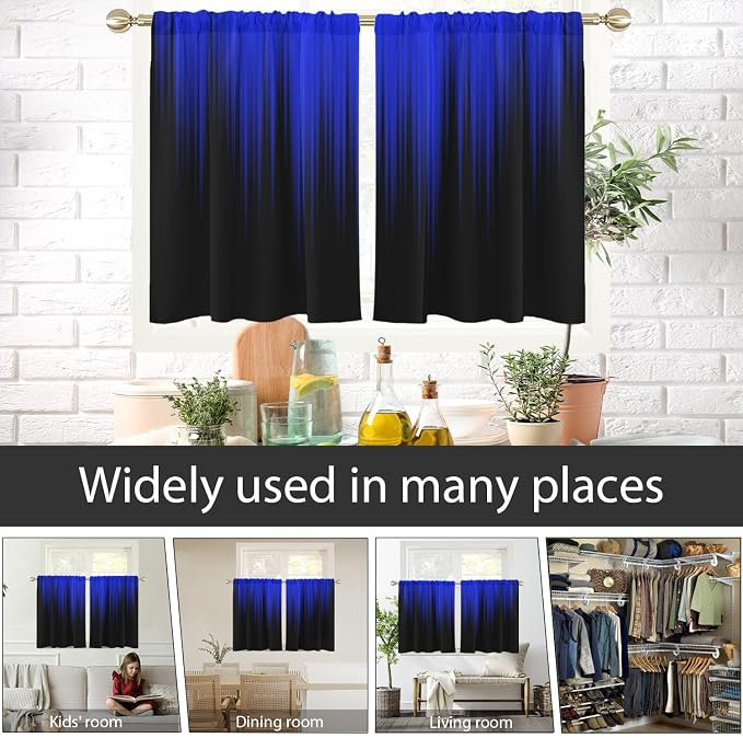 AAtter Royal Blue Black Kitchen Curtains, Ombre 27.5" W x 39" L, 2 Panels | Modern Striped Rod Pocket Drapes, Dark Abstract Style, Cool Anime Masculine Design, Small Short Bathroom Window Tiers